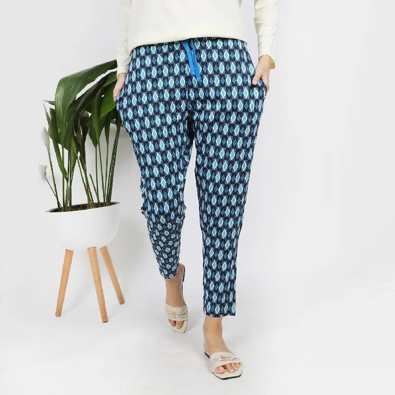 Women's Stretched Printed Trouser - Blue & Green