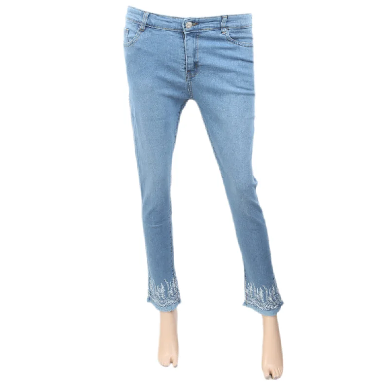 Women's Denim Pant Bottom Embroidered White - Light Blue