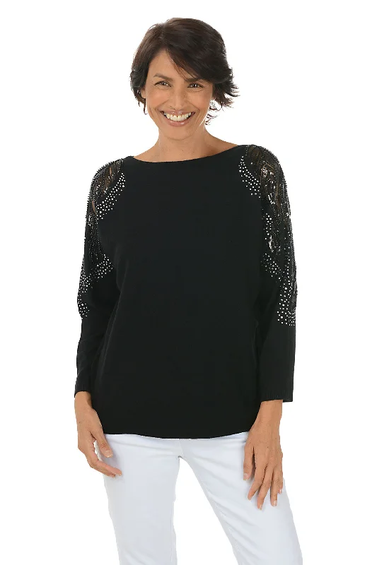 Ornate Beaded Mesh Sleeve Sweater