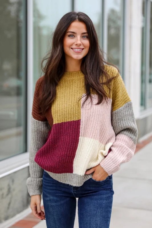 Adorable Expression Burgundy Color Block Sweater