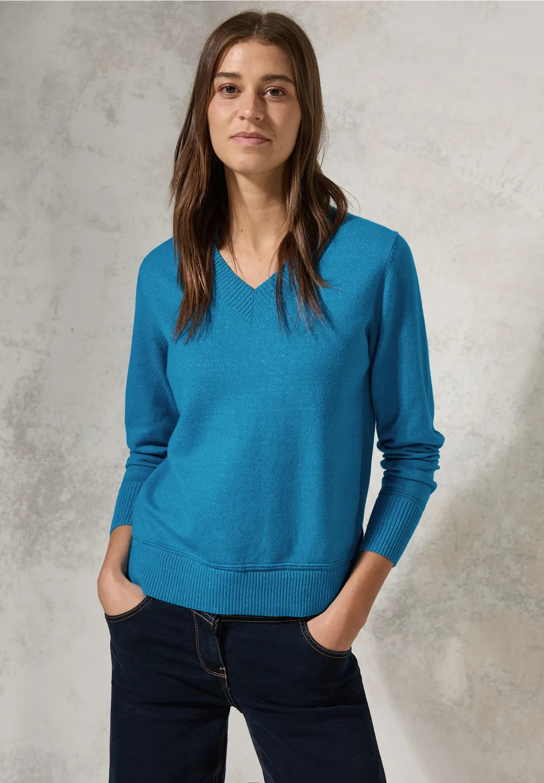 Cecil Blue Cotton mix V Neck Jumper 302949