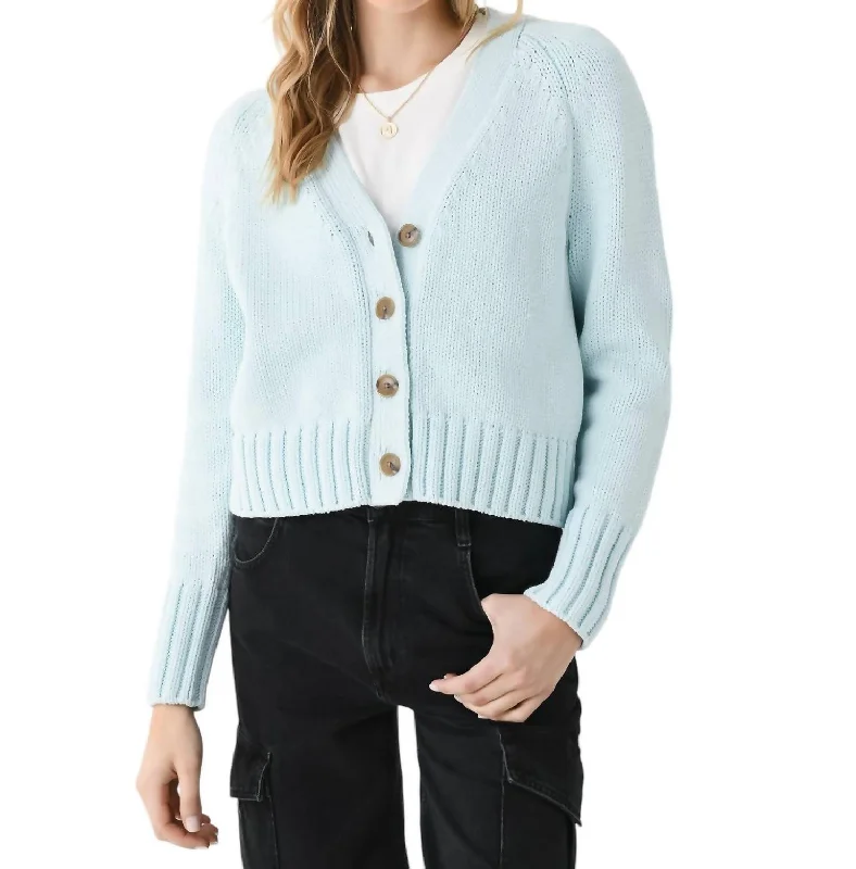 Cotton Rope Button Cardigan In Aqua Cord