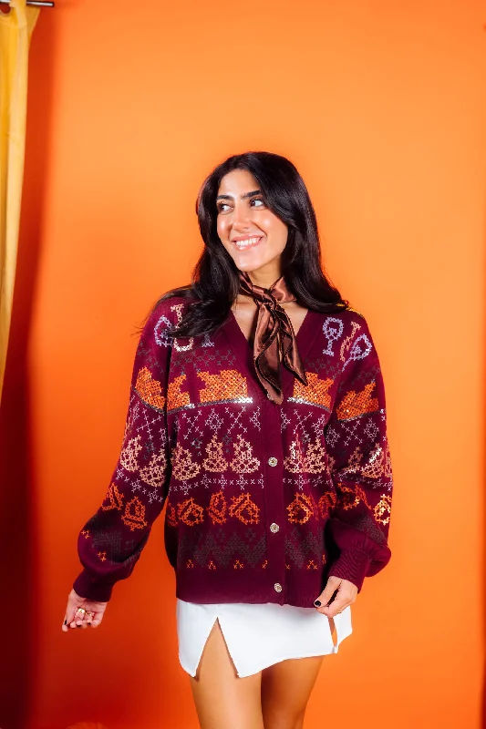 Maroon Needlepoint Thanksgiving Cardigan