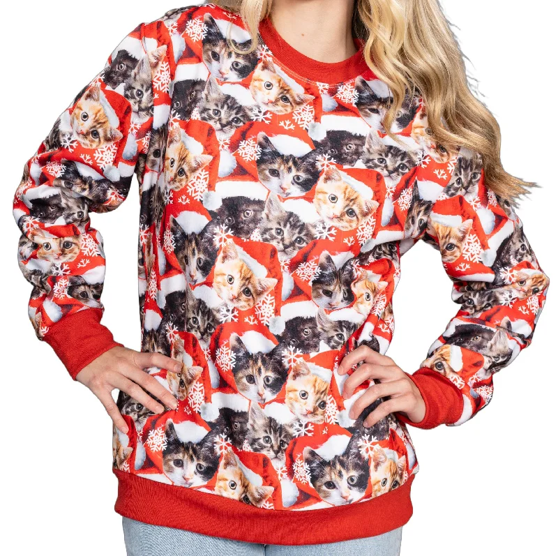 Poly Knit Long Sleeve Pullover with Cats All Over Graphic