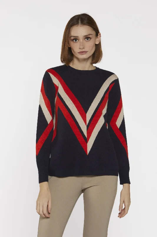 Navy Round neck jumper with Orange and Beige stripe detail