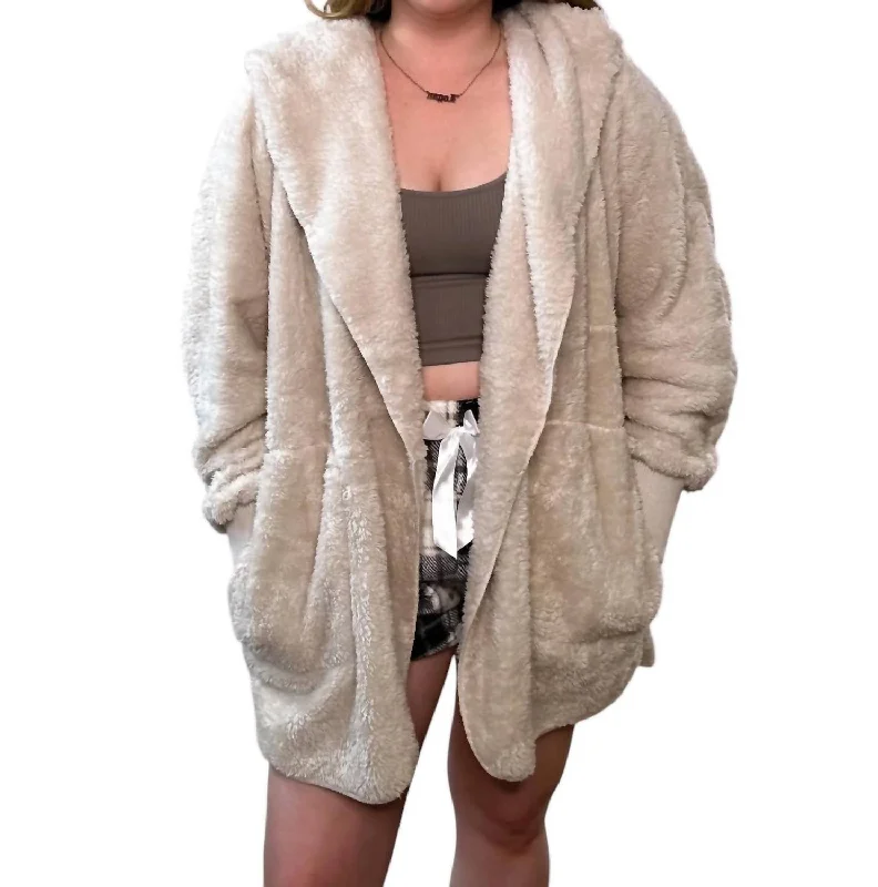 Soft Plush Hooded Cardigan In Beige