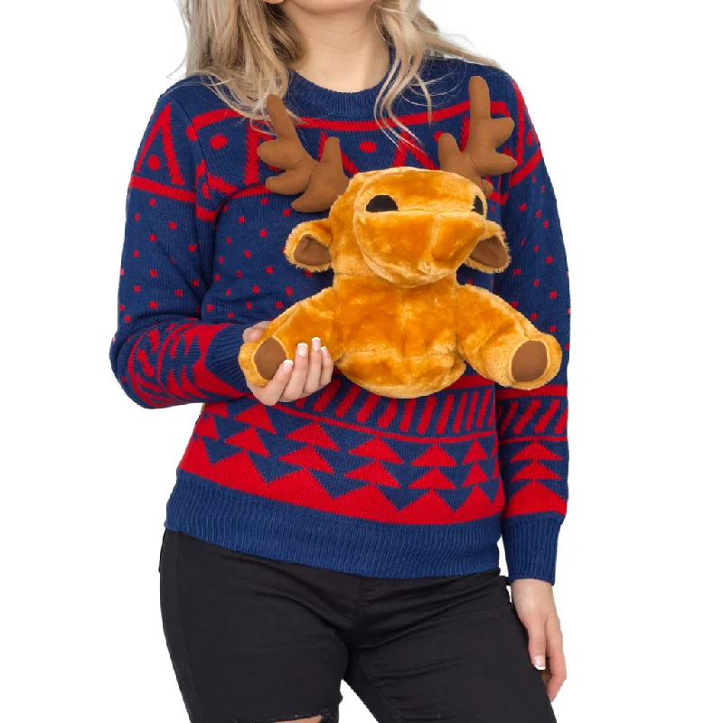 Women's Navy 3-D Christmas Sweater with Stuffed Moose Ugly Christmas Sweater