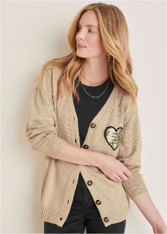 Sequin Heart Cardigan - Oatmeal Multi