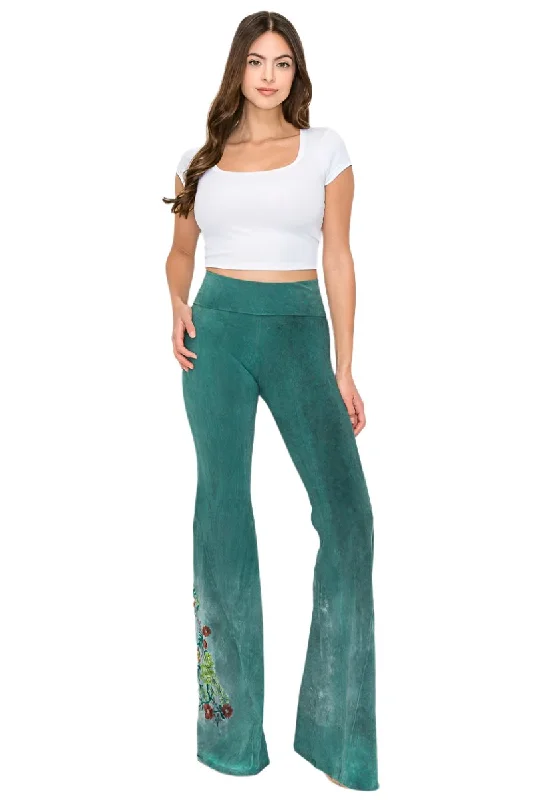 T-Party Floral Embroidery Oil Based Washed Yoga Pant 7207CJ230 Hunter Green