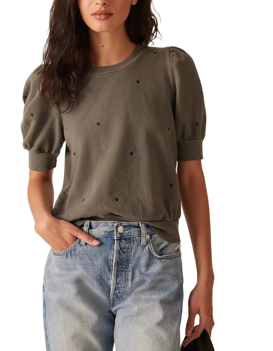 TLA Puff Sleeves Tee Shirt French Terry Charcoal with Stars