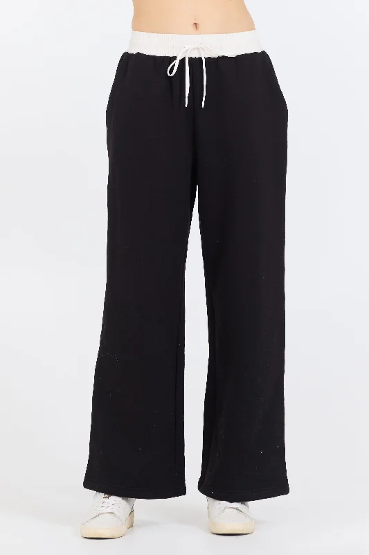 Black/ White Essential Fleece Pant W/ Poplin Waist