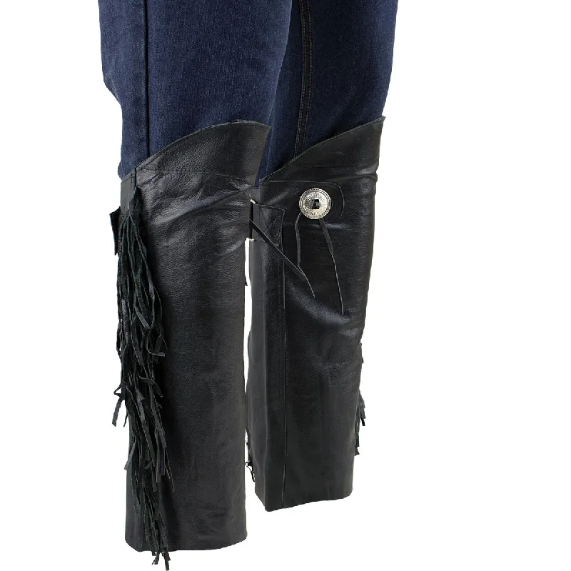 Genuine Leather SH1199FR Women's Black ‘Fringed’ Leather Short Chaps with Conchos with Conchos