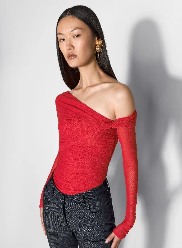 red off-shoulder ruched bodysuit